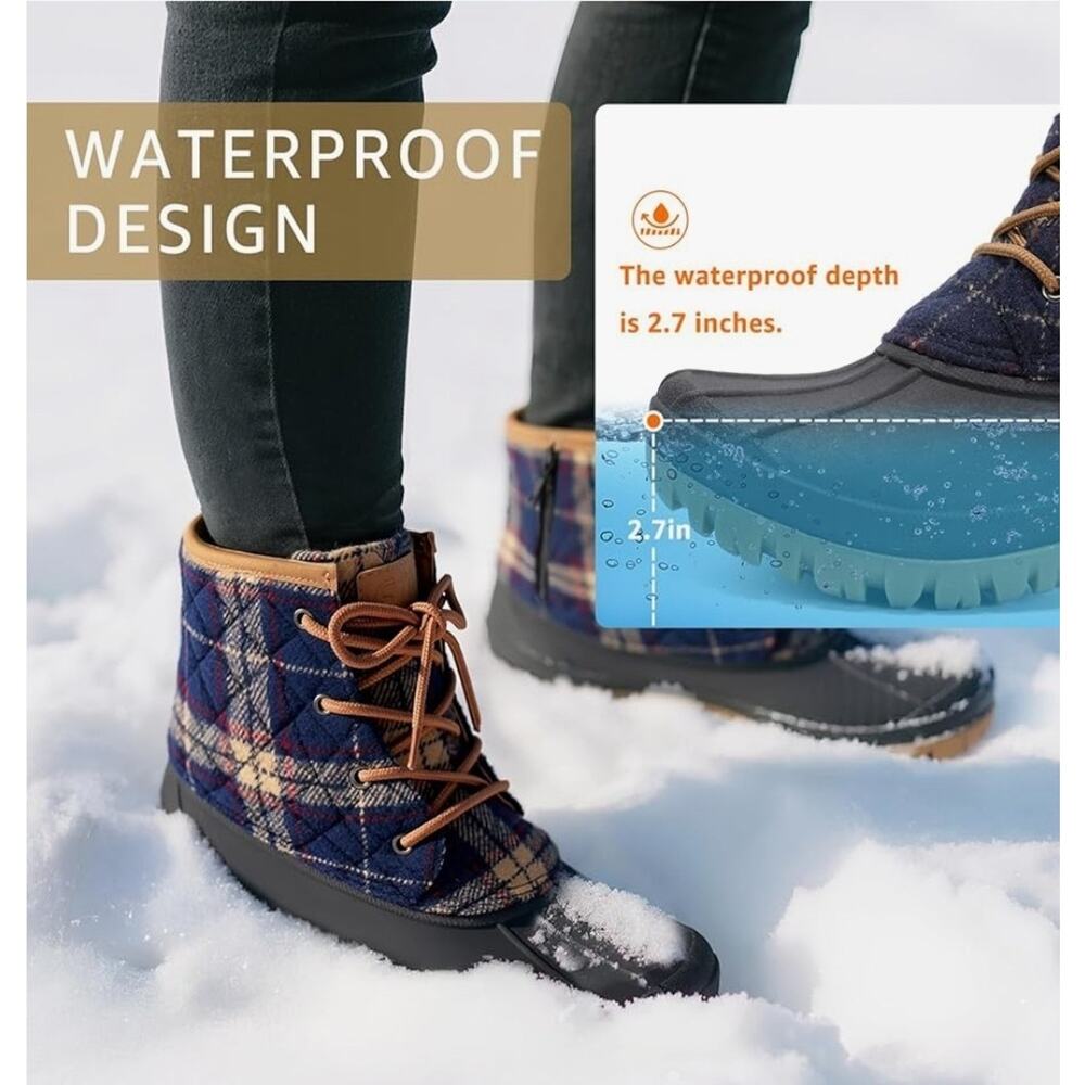 STQ Duck Snow Boots, Women Waterproof Winter Quilted, Antique Navy Plaid, Size 8 - Picture 3 of 7